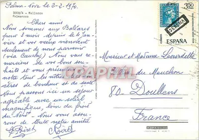 Palmanova — Mallorca — widok panoramiczny z wyobrażeniem zatoki i budynków — wydawca Icaria — Rewers