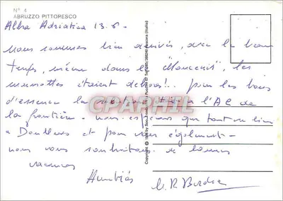 Pittoresco Abruzzo — widok panoramiczny z 5 miniaturami (Parco Nazionale d'Abruzzo, Teramo, Sulmona, Pescara, Scanno) — wydawca nie widoczny — Rewers