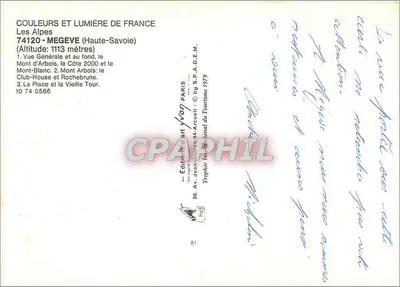 Megève — Vista generale, Mont Arbois e la Vecchia Torre — Editore Yvon, n° 74 0566 — Verso