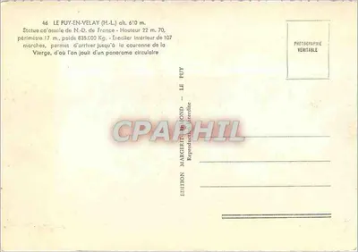 Estátua de Nossa Senhora do Puy-en-Velay — editor Margerit & Blond, n°46 — Verso
