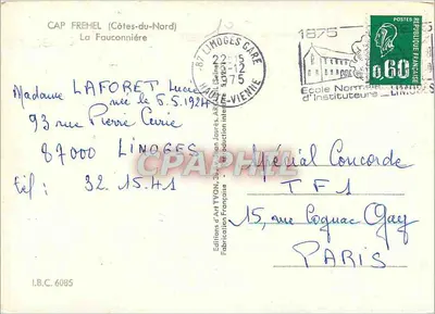 Cap Fréhel — A Fauconnière — Edições de Arte Yvon, série 6085 — Verso