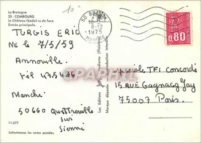 Castelo feudal de Combourc — Entrada principal — Les Éditions Jean Audierne (n°11.377) — Verso