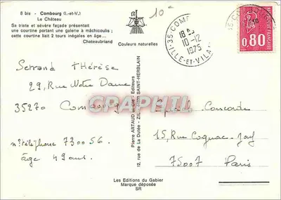 Castelo de Combourg — vista do castelo com torre redonda — Éditions Pierre Artaud et Cie — Verso