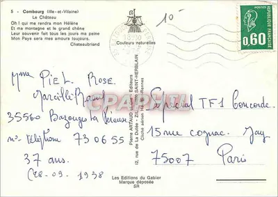 Zamek w Combourg — widok z lotu — wydawcy Pierre Artaud & Cie, Rennes — Rewers