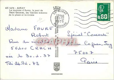 Auray — widok mostu, tradycyjne domy i kobiety w strojach narodowych — Wydawnictwo Sztuki z Auray — Rewers