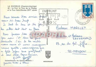 La Rochelle - O Porto da Corrente e a Torre Saint-Nicolas (século XIV) — Éditions Méxichrome, n° 40 — Verso