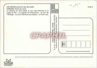 Amboise — widok panoramiczny z pałacem, pagodą Chanteloup i wieżą zegarową — Wydawnictwo Valoire — Rewers