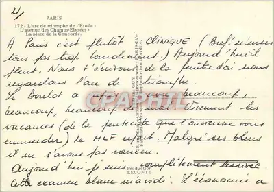 Arco do Triunfo — Avenida dos Campos Elísios — Praça da Concórdia — Editor GUY, n°172 — Verso
