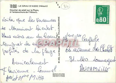 Le Grau d'Agde (Hérault) — Pôr do sol no farol, na foz do Hérault — Edições 'SL' Villeurbanne — Verso