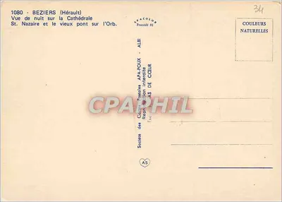 Beziers (Hérault) — Widok nocny na katedrę St. Nazaire i stary most nad Orbem — Towarzystwo Karty Pocztowe APA-POUX — Rewers
