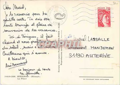 Place de Serignan — vista arborizada com banco — Sociedade das Cartas Postais APA — Verso