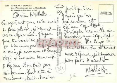 Beziers - Vista panorâmica da Catedral de São Nazário dominando o Orb — Sociedade das Cartas Postais APA-POUX & DE COEUR, Processo 81 — Verso