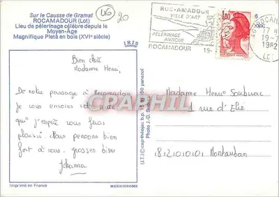 Statua Piedadzi — Rocamadour (Lot) — Wydane we Francji — Rewers