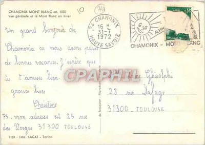 Chamonix Mont Blanc — Ogólny widok i Mont Blanc zimą — wyd. SACAT, nr 1101 — Rewers