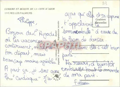 Hyères les Palmiers — vista panorâmica, torre, porta, praia e mercado — editor Les Éditions Bandol, n°738 — Verso