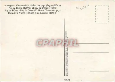 Wulkany Auvergne — Puy de Pariou, Puy de Dôme, Puy de la Vache i Puy de Lassolas — wydawca P. A. de l'Air — Rewers