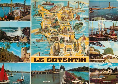 O Cotentin — Carta postal ilustrada com mapa e fotos de locais — Artaud Frères, editores