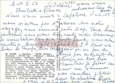 Allier — Cartolina turistica con collage di luoghi e mappa del dipartimento — editore C. Allier — Verso