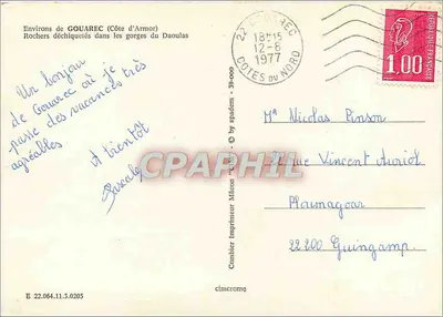 Rochos despedaçados nas gargantas do Daoulas — Perto de GOUAREC (Côte d'Armor) — Impressor Mâcon — Verso