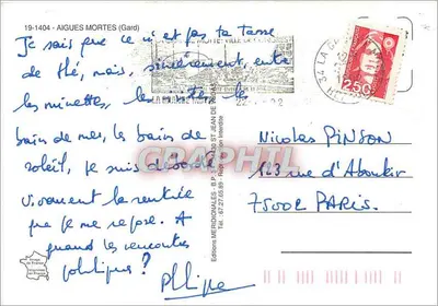 Aigues Mortes — vista panoramica con barca, statua e castello — Edizioni Meridionali — Verso