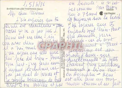 Barbotan-les-Thermes — widok z lotu jeziora, wejście do zamku, hotel i wieś — Wydawnictwo Larrieu — Rewers