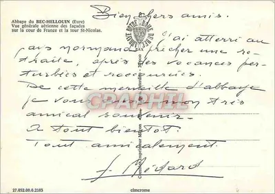 Abbaye du Bec-Hellouin (Eure) — widok z lotu ptaka fasad i wieży św. Nikodema — wydawca Cimchrome, nr 27.052.00.2103 — Rewers
