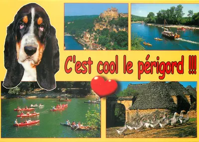 Périgord — paisagem, castelo, rios, canoas, patos, cão basset — editor Lalinde, n° 4785