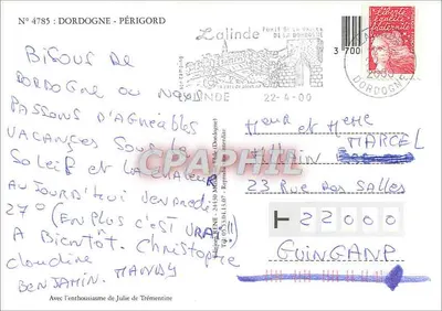 Périgord — paisagem, castelo, rios, canoas, patos, cão basset — editor Lalinde, n° 4785 — Verso