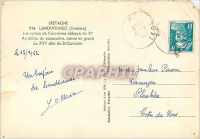 Landevennec — Ruiny starej abbatii z XI wieku, granitowa statua z XVI wieku zwana St-Corentin — Wydawca Jos, Châteaulin — Rewers