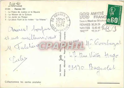 Rennes — vista aérea, Maison de la Culture, Jardin du Thabor, rio Vilaine — Les Editions Jean — Verso