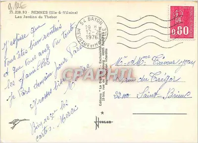 I Giardini del Thabor — Rennes (Ille-et-Vilaine) — Edizioni 'La Cigogne' n° 35.238.93 — Verso