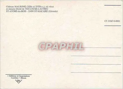 Zamek Malromé — widok z powietrza — Wydawnictwo i Drukarstwo Combier / Mâcon — Rewers