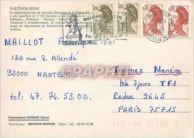 Hauts-de-Seine — carta postal turística com mapa do departamento — Impressions Combier — Verso