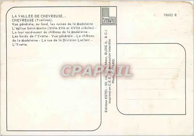 Chevreuse — algemene uitzicht, kerk van Sint-Martinus, kasteel van Madeleine, straat van de Divisie Leclerc — Uitgever Estel, n° 19652 R — Achterkant