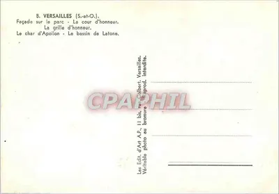 Versailles — Façada, dziedziniec honorowy, wóz Apollona, basen Latony — Édit. d'Art A.P., 11 bis rue Colibert, Versailles — Rewers