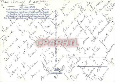 Lourdes — Bazylika, figura Matki Boskiej Królowej, jaskinia — Wyd. A. DÔCET, Mexichrome — Rewers