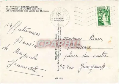Estação Termal de Bagnoles-de-l'Orne (Orne 61) — Os Jardins do Lago e o Cassino das Termas — Artaud Frères editores, n° XR 152 — Verso