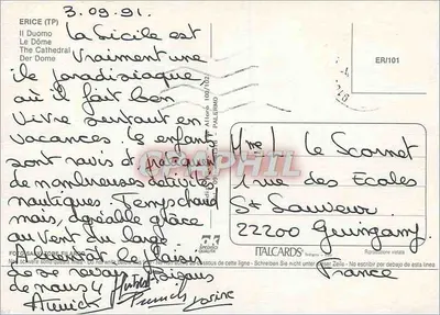 Erice — Igreja e torre do antigo castelo — Editor Italcards, n° ER/101 — Verso