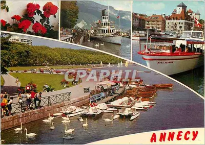 Annecy — vista panorâmica com rosas, barco Mont-Yeuvre e cisnes — Edições J. Cellard