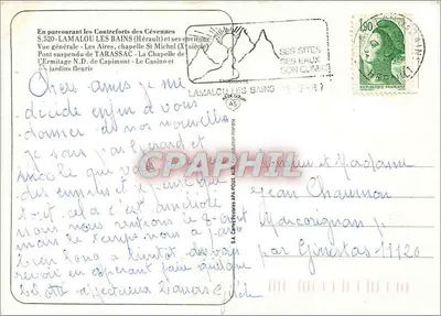 Lamalou-les-Bains — vista geral, ponte suspensa, capela Saint-Michel, cassino — editor S.A. Cartes Postales APA-POUX — Verso