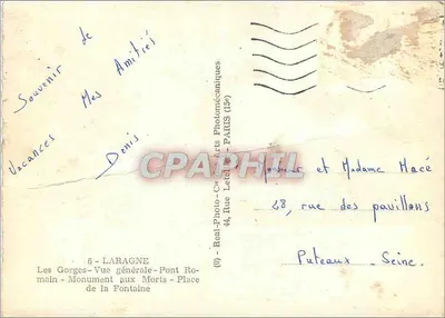 Lazagne — Vista generale, ponte romano, monumento ai caduti, piazza della fontana — Real-Photo-Cie des Arts Photomécaniques (Paris) — Verso