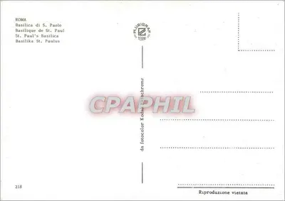 Bazylika Świętego Pauła Zewnętrzna — widok fasady z kolumnadami i palmami — wydawca Plurigraf Terni, nr 218 — Rewers