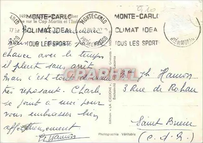 Vista do Cap Martin e da Itália — Monte-Carlo — Édition La Cigogne — Verso