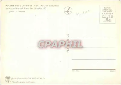 Avião Intercontinental Fan-Jet Ilyushin-62 — Polish Airlines — editor Krajowa Agencja Wydawnicza, n° 56-136 — Verso