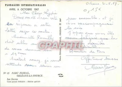 Floralies Internationales Orléans — Abril a Outubro 1967 — Edição especial Les Serres — Verso