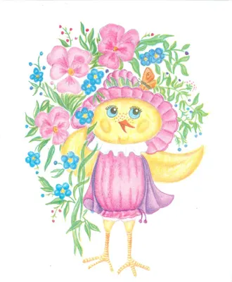 Poussin com vestido rosa e coroa de flores — ilustração colorida — editor não visível