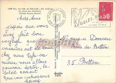 Perro de las Pirineos — Paso de Soulor, 1450 m — Ediciones P. Chambon, 1308 bis — Reverso