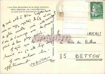 Mały port rekreacyjny w Menton — Cudowne miejsca Rivierii Algiejskiej — Wydawca Betton, nr 35 — Rewers