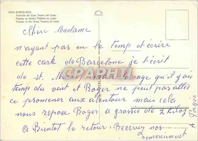 Fachada Wielkiego Teatru Liceo — Barcelonie — wydawca PAGASA, n° 3500 — Rewers