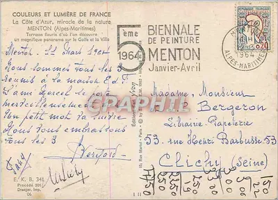 Menton (Alpes-Maritimes) — Blühende Terrasse von der aus man die Stadt und den Golf sieht — Éditions Martel, n° 5ème — Rückseite
